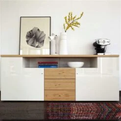 Now! Time By Hülsta Sideboard 73,7x190x45 Lack-weiß/Natureiche/Hochglanz-weiß