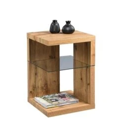 HomeTrends4You Beistelltisch Domingo MDF Dekor Wildeiche Geölt | Sicherheitsglas